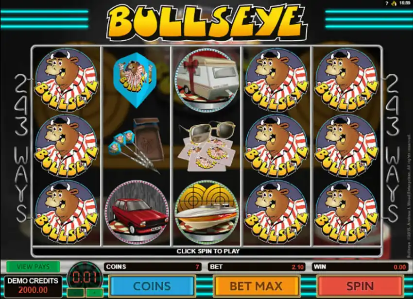 Bullseye slot gameplay – reels with Bully wild, dartboard scatter and prize symbols